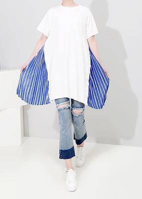 Natural cotton tunic top Casual Cotton Spliced Striped Short Sleeve Blouse - SooLinen