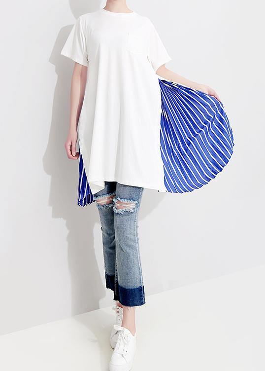 Natural cotton tunic top Casual Cotton Spliced Striped Short Sleeve Blouse - SooLinen