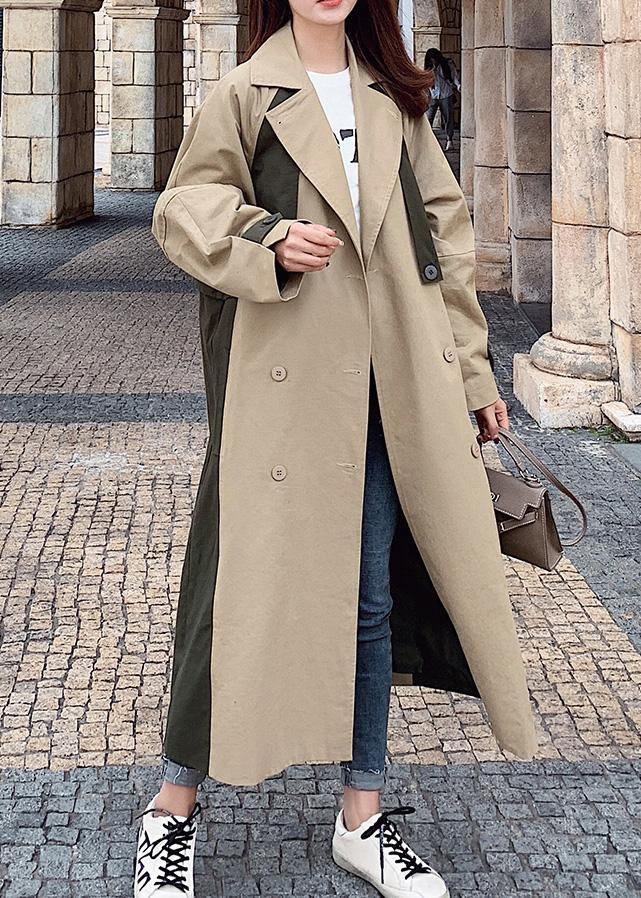 Natural double breast fine patchwork Long coats khaki oversized coats - SooLinen