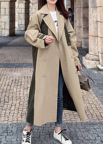 Natural double breast fine patchwork Long coats khaki oversized coats - SooLinen