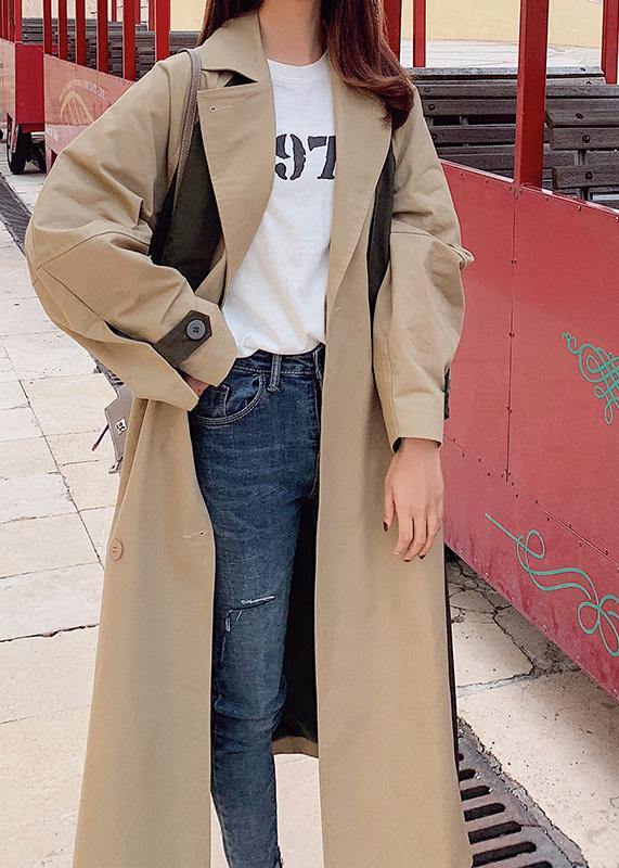 Natural double breast fine patchwork Long coats khaki oversized coats - SooLinen
