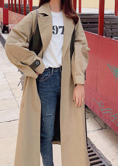 Natural double breast fine patchwork Long coats khaki oversized coats - SooLinen