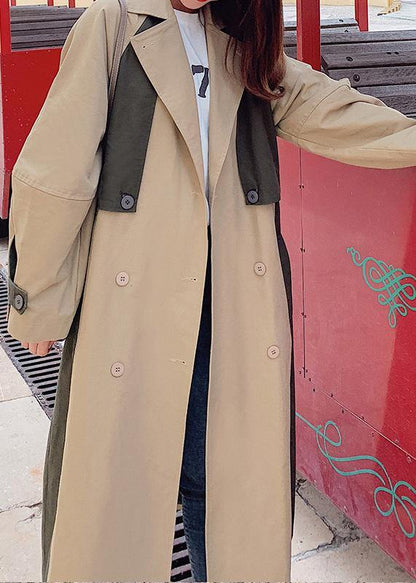 Natural double breast fine patchwork Long coats khaki oversized coats - SooLinen