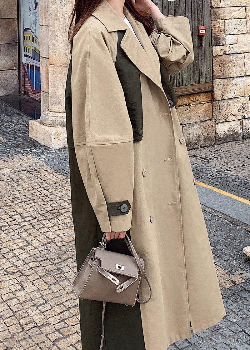 Natural double breast fine patchwork Long coats khaki oversized coats - SooLinen