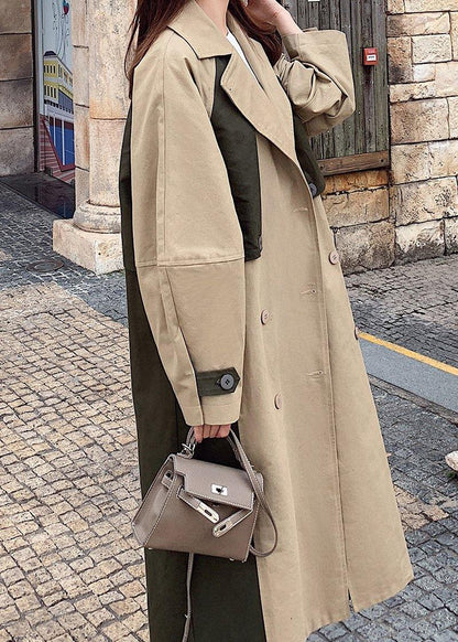 Natural double breast fine patchwork Long coats khaki oversized coats - SooLinen