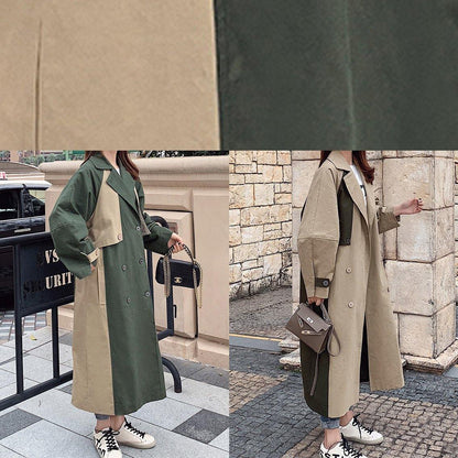 Natural double breast fine patchwork Long coats khaki oversized coats - SooLinen
