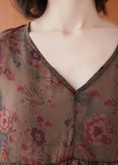Natural floral clothes For Women v neck asymmetric summer blouses - SooLinen