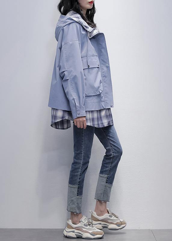 Natural gray blue patchwork plaid Fine trench coat Shirts hooded pockets outwears - SooLinen