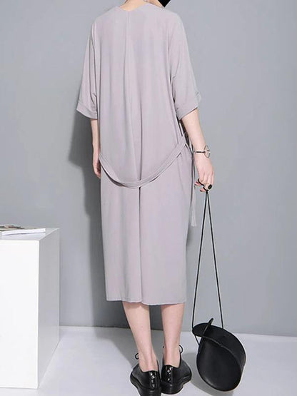 Natural gray cotton quilting clothes v neck tie waist loose Dresses - SooLinen