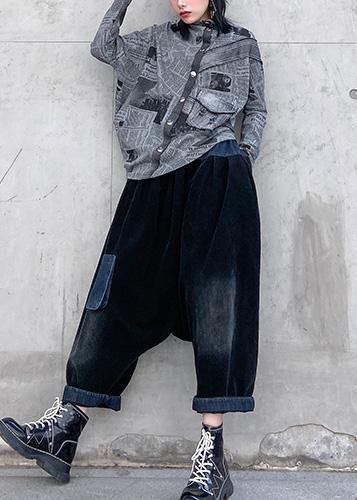 Natural gray prints cotton clothes asymmetric Midi half high neck top - SooLinen