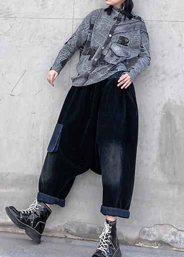 Natural gray prints cotton clothes asymmetric Midi half high neck top - SooLinen