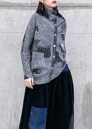 Natural gray prints cotton clothes asymmetric Midi half high neck top - SooLinen