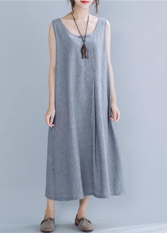 Natural gray striped linen cotton quilting clothes o neck sleeveless Maxi summer Dress - SooLinen