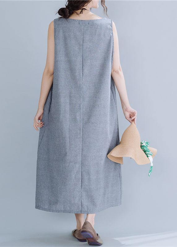 Natural gray striped linen cotton quilting clothes o neck sleeveless Maxi summer Dress - SooLinen