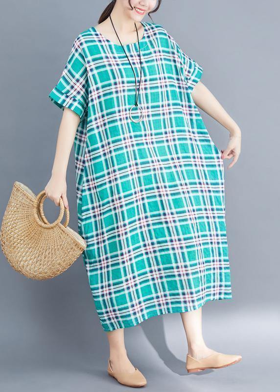 Natural green cotton clothes 2019 Sleeve plaid Plus Size Clothing summer Dress - SooLinen