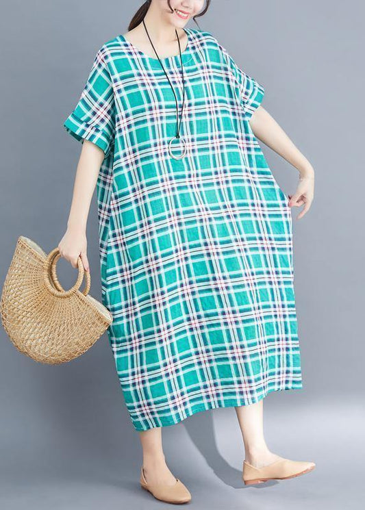 Natural green cotton clothes 2019 Sleeve plaid Plus Size Clothing summer Dress - SooLinen