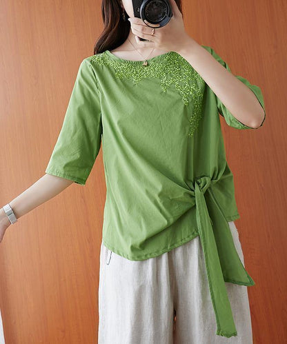 Natural green embroidery clothes o neck Bow tunic - SooLinen