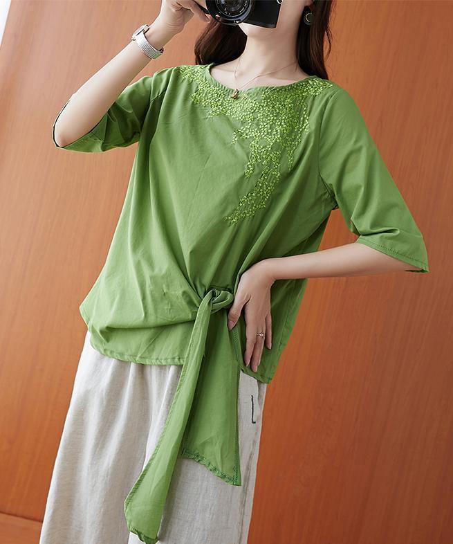 Natural green embroidery clothes o neck Bow tunic - SooLinen
