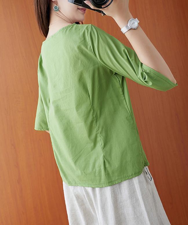 Natural green embroidery clothes o neck Bow tunic - SooLinen