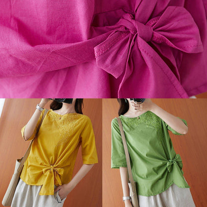 Natural green embroidery clothes o neck Bow tunic - SooLinen