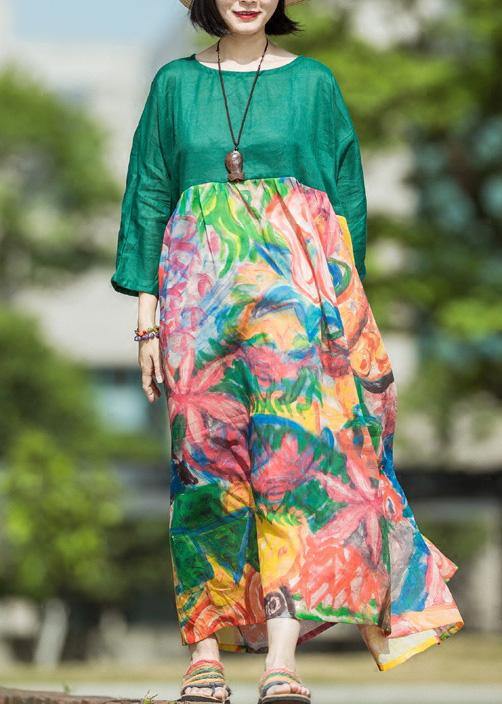 Natural green print linen clothes For Women o neck patchwork Kaftan summer Dress - SooLinen
