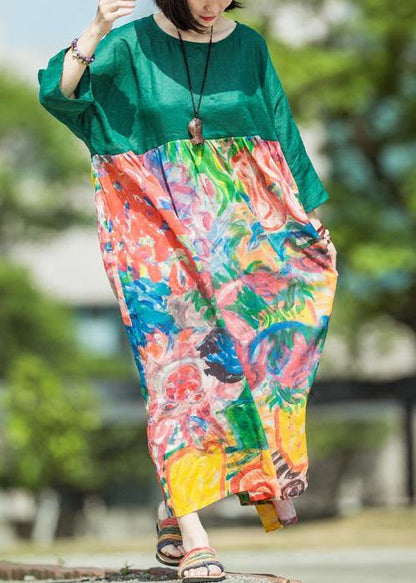 Natural green print linen clothes For Women o neck patchwork Kaftan summer Dress - SooLinen