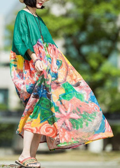 Natural green print linen clothes For Women o neck patchwork Kaftan summer Dress - SooLinen