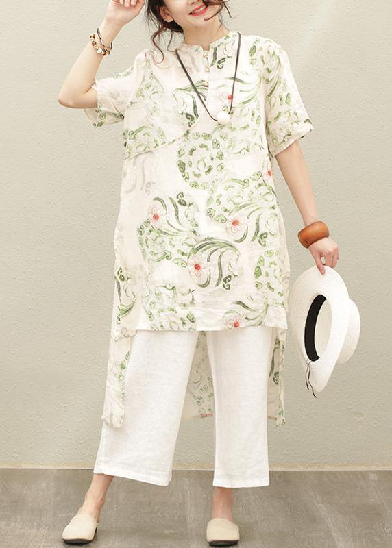 Natural green print linen linen tops women blouses stand collar asymmetric silhouette  tops - SooLinen