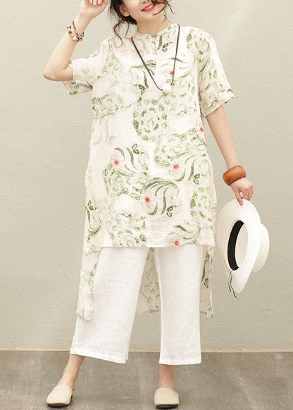 Natural green print linen linen tops women blouses stand collar asymmetric silhouette  tops - SooLinen