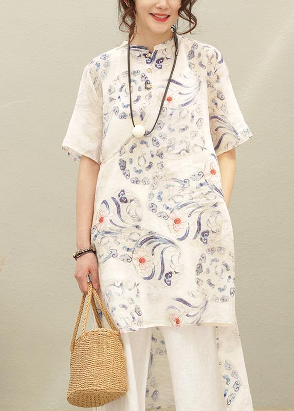 Natural green print linen linen tops women blouses stand collar asymmetric silhouette  tops - SooLinen