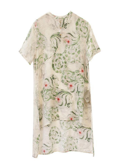 Natural green print linen linen tops women blouses stand collar asymmetric silhouette  tops - SooLinen