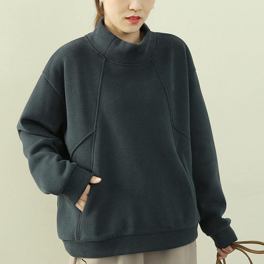 Natural green tops women blouses Wardrobes high neck patchwork  blouses - SooLinen