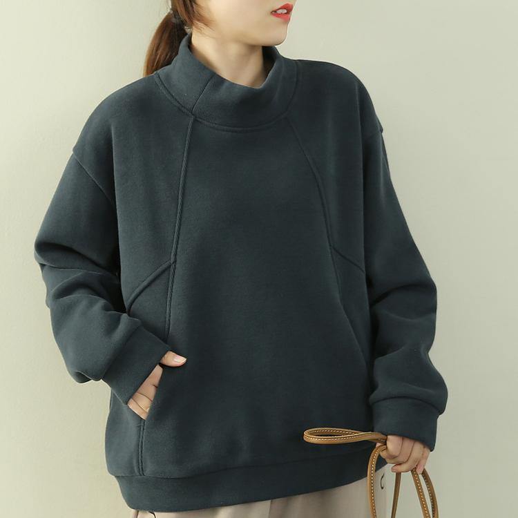 Natural green tops women blouses Wardrobes high neck patchwork  blouses - SooLinen