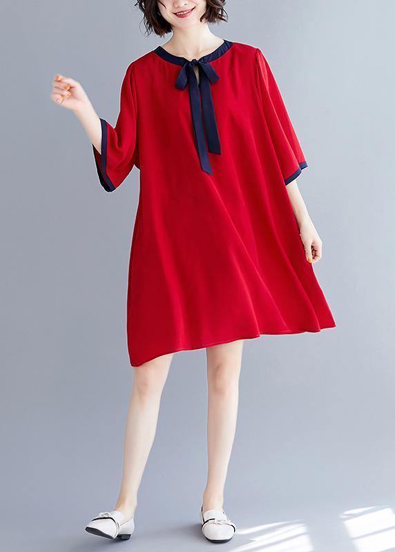 Natural half sleeve chiffon clothes For Women Fashion Neckline red A Line Dresses Summer - SooLinen