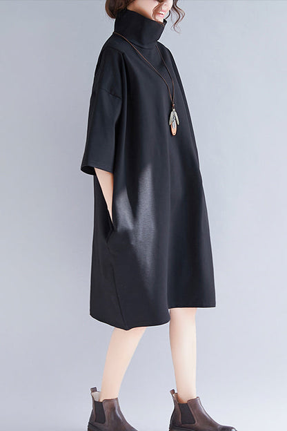 Natürlicher Stehkragen Halbarm Strickkleider Mom Knit schwarzes Baggy-Kleid Frühling