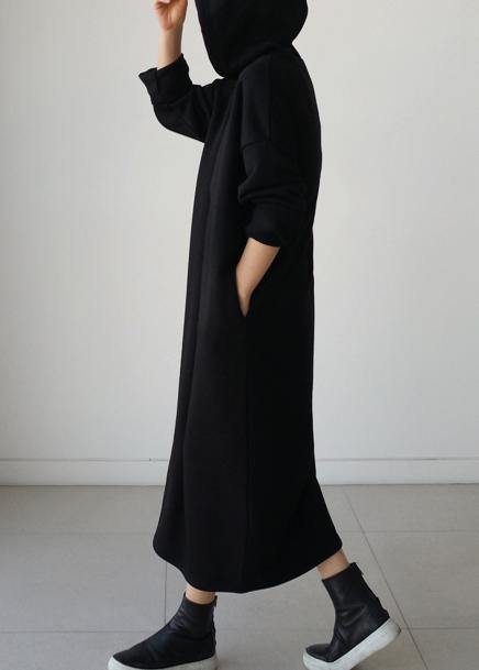 Natural hooded Batwing Sleeve cotton Tunics Runway black long Dresses - SooLinen