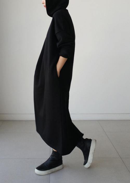 Natural hooded Batwing Sleeve cotton Tunics Runway black long Dresses - SooLinen