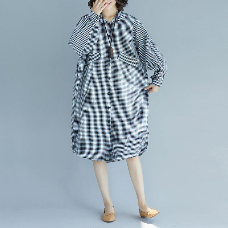Natürliche Baumwolltuniken mit Kapuze in Übergröße, schwarz-weiß kariertes Baggy-Kleid