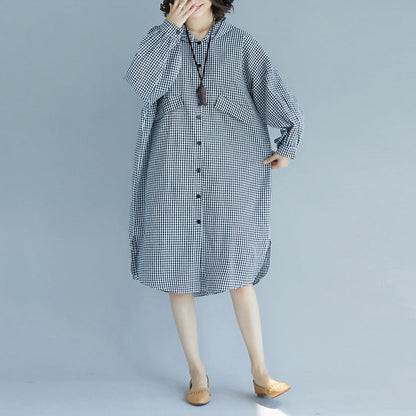 Natürliche Baumwolltuniken mit Kapuze in Übergröße, schwarz-weiß kariertes Baggy-Kleid