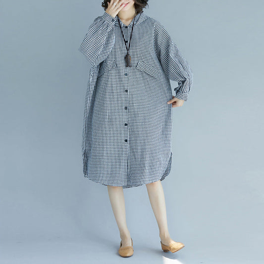 Natürliche Baumwolltuniken mit Kapuze in Übergröße, schwarz-weiß kariertes Baggy-Kleid