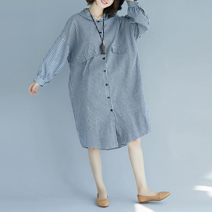 Natürliche Baumwolltuniken mit Kapuze in Übergröße, schwarz-weiß kariertes Baggy-Kleid