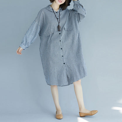 Natürliche Baumwolltuniken mit Kapuze in Übergröße, schwarz-weiß kariertes Baggy-Kleid