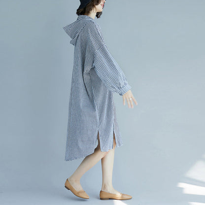 Natürliche Baumwolltuniken mit Kapuze in Übergröße, schwarz-weiß kariertes Baggy-Kleid