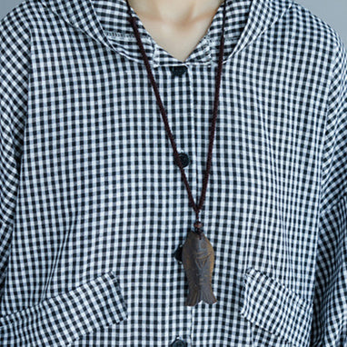 Natürliche Baumwolltuniken mit Kapuze in Übergröße, schwarz-weiß kariertes Baggy-Kleid