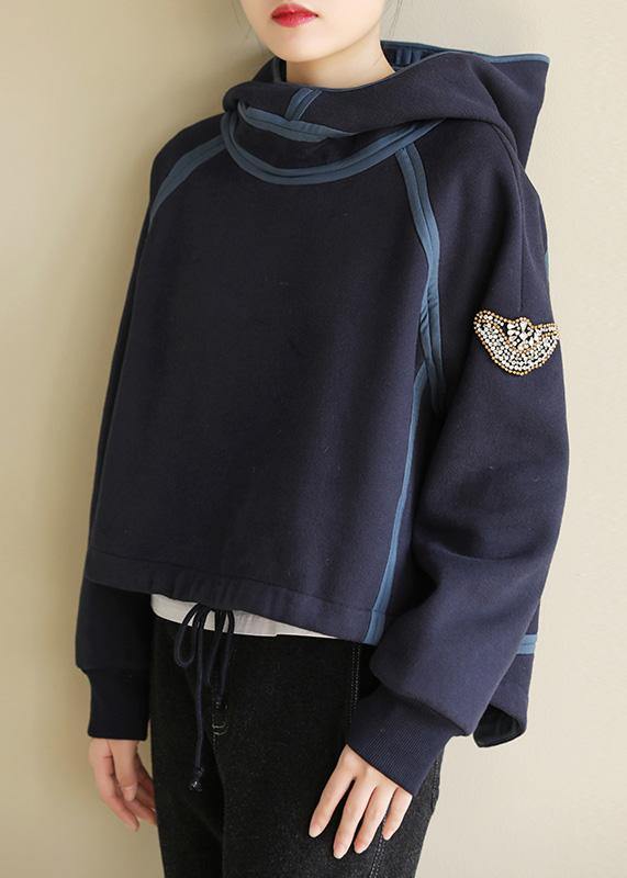 Natural hooded cotton patchwork linen tops women Cotton navy tops - SooLinen