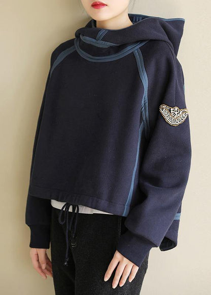 Natural hooded cotton patchwork linen tops women Cotton navy tops - SooLinen