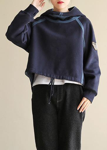 Natural hooded cotton patchwork linen tops women Cotton navy tops - SooLinen