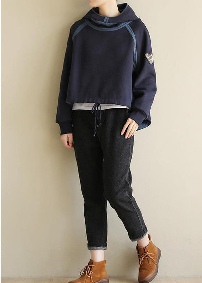 Natural hooded cotton patchwork linen tops women Cotton navy tops - SooLinen