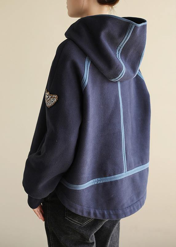 Natural hooded cotton patchwork linen tops women Cotton navy tops - SooLinen