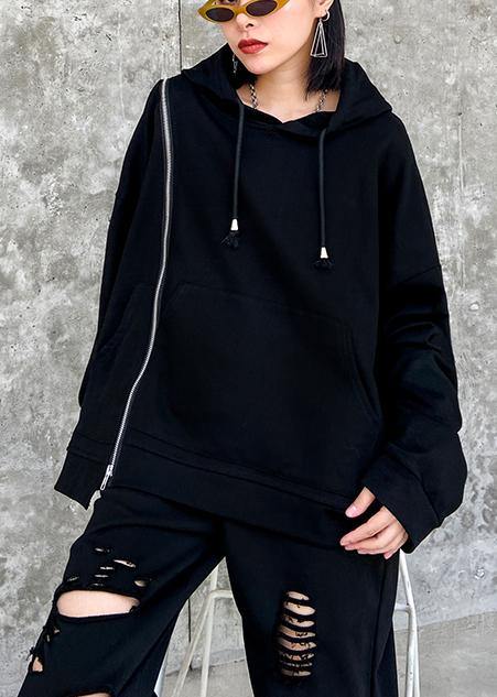 Natural hooded drawstring tunics for women Outfits black shirt - SooLinen